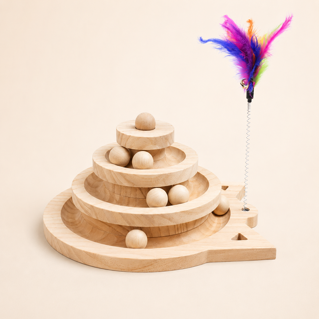 Solid Wood Cat Turntable Interactive Ball & Feather Toy