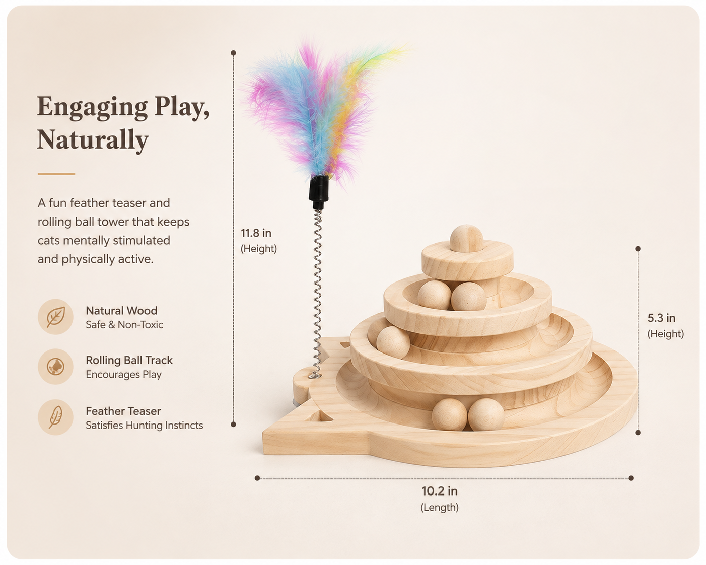 Solid Wood Cat Turntable Interactive Ball & Feather Toy