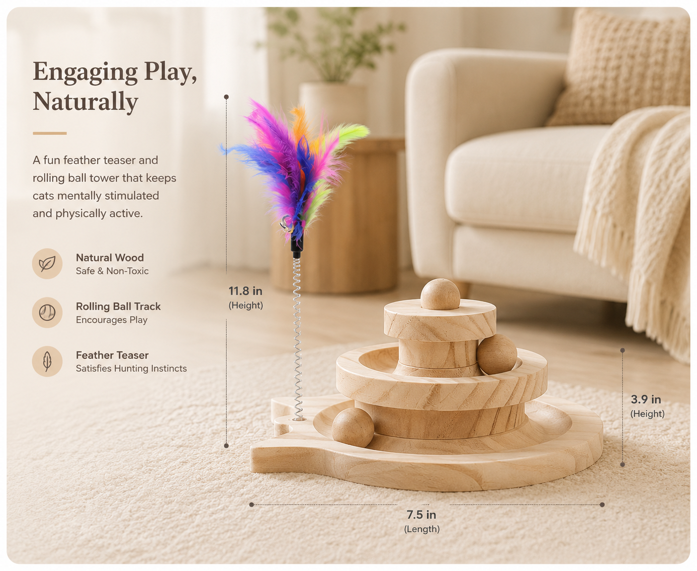 Solid Wood Cat Turntable Interactive Ball & Feather Toy