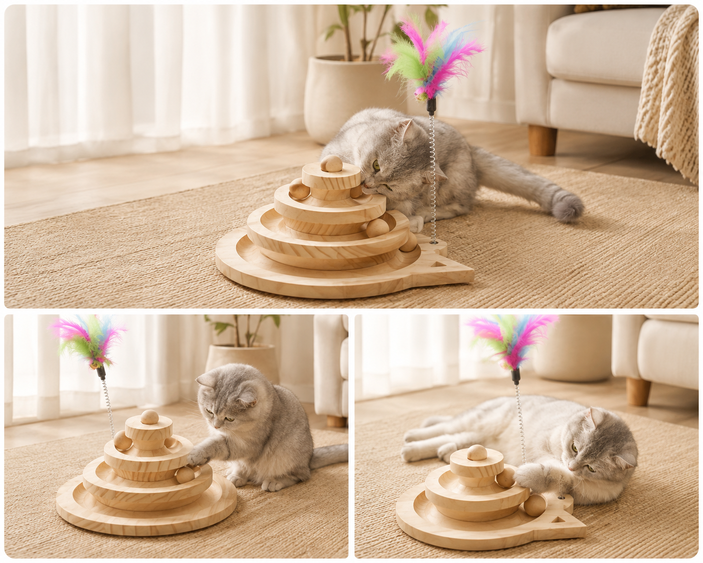 Solid Wood Cat Turntable Interactive Ball & Feather Toy