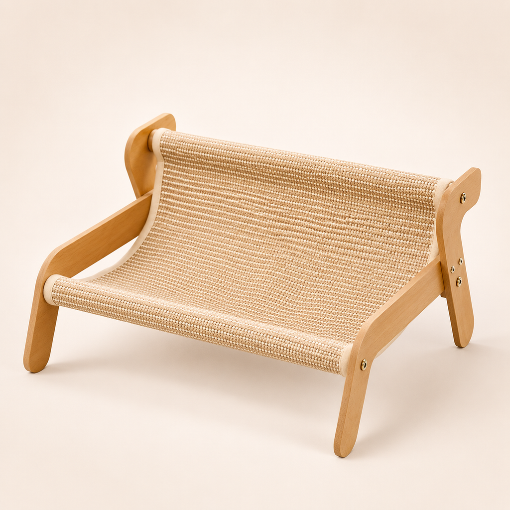 Elevated Wooden Cat Hammock Bed with Linen/Ratan Scratching Mat