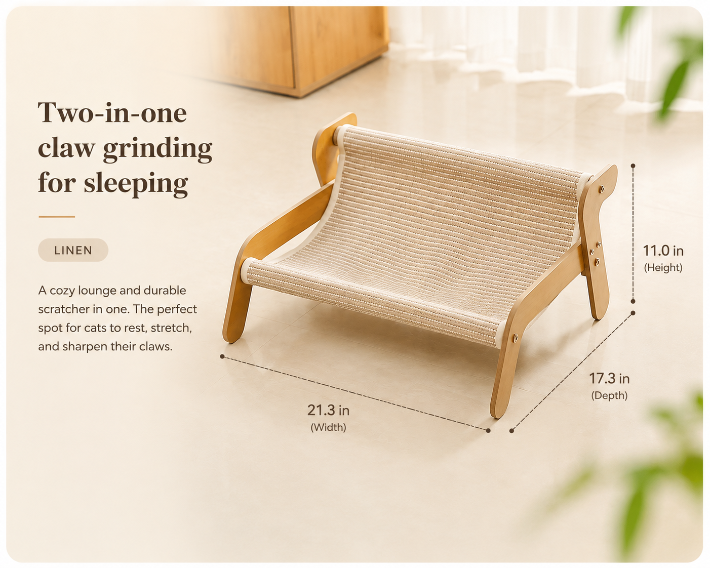 Elevated Wooden Cat Hammock Bed with Linen/Ratan Scratching Mat