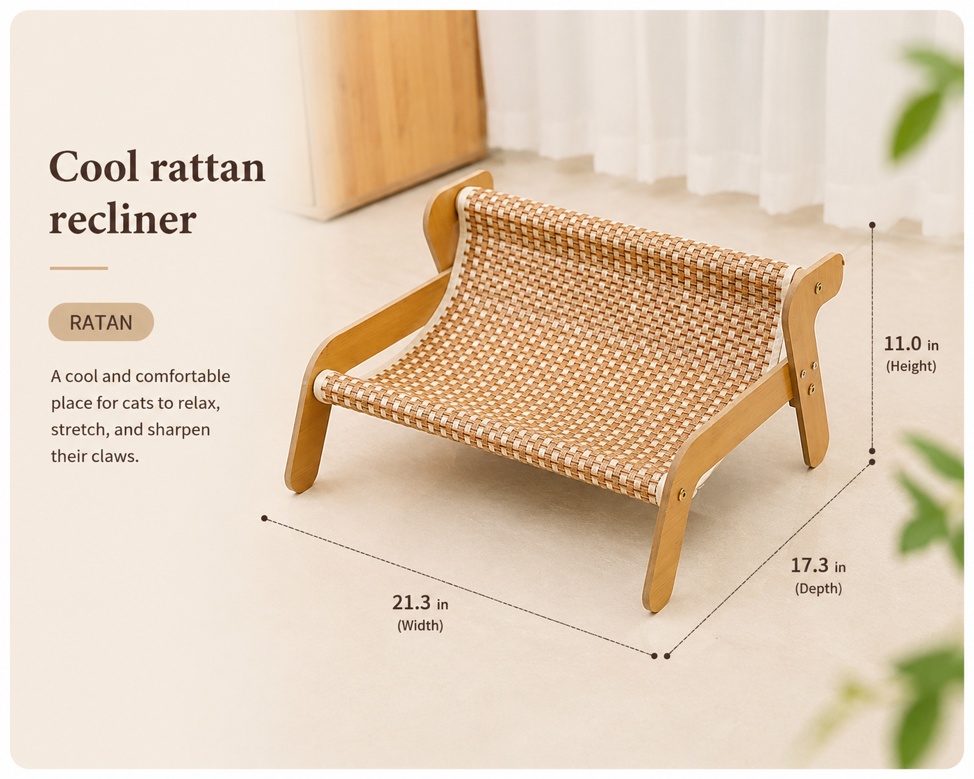 Elevated Wooden Cat Hammock Bed with Linen/Ratan Scratching Mat