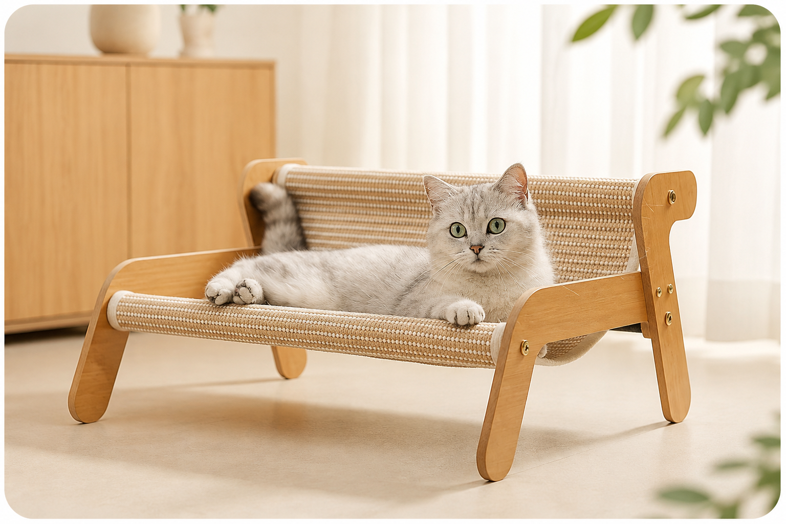 Elevated Wooden Cat Hammock Bed with Linen/Ratan Scratching Mat