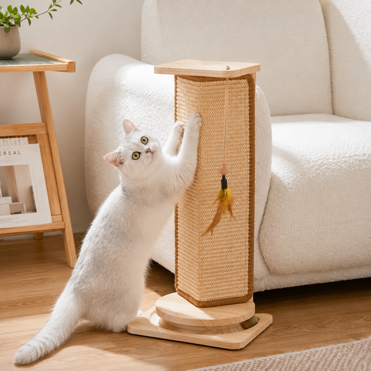 Solid Wood Corner Cat Scratching Post w/ Ball Toy