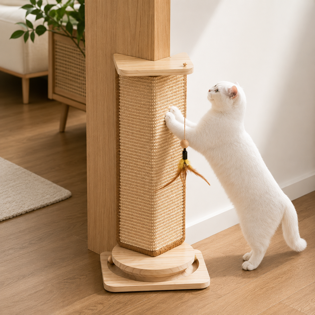 Solid Wood Corner Cat Scratching Post w/ Ball Toy