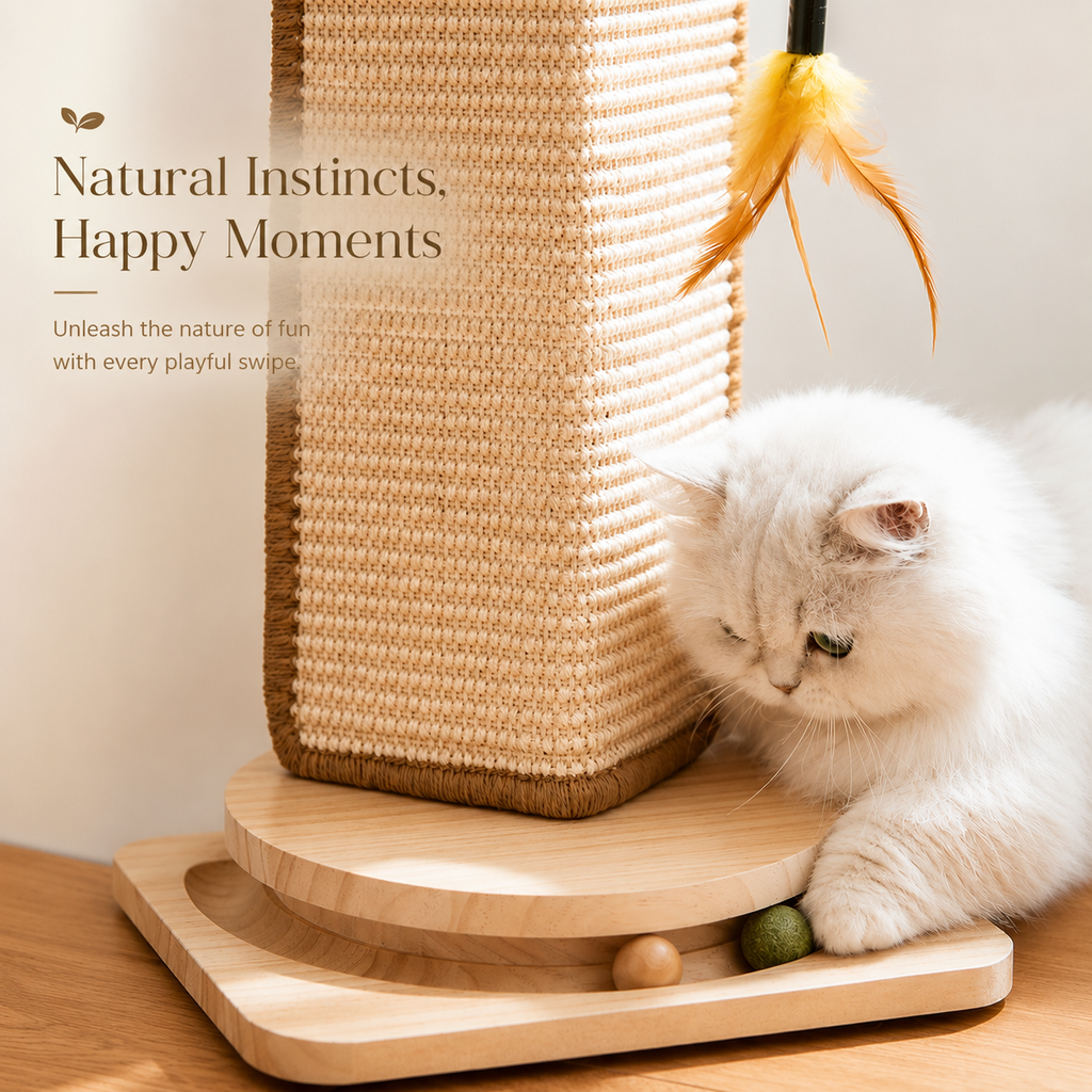 Solid Wood Corner Cat Scratching Post w/ Ball Toy