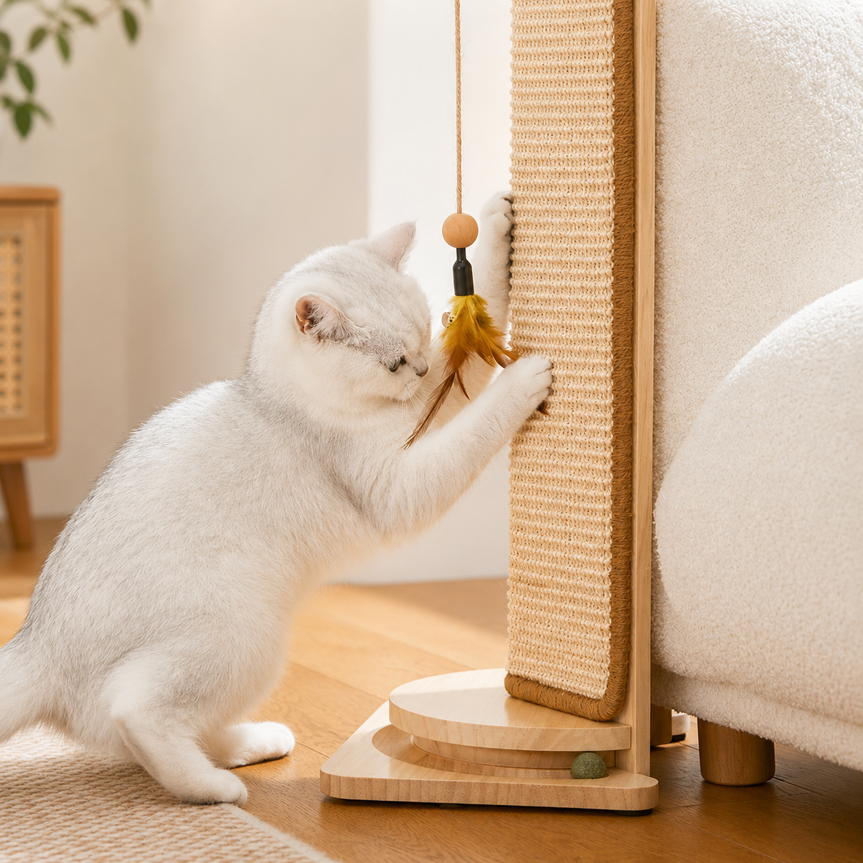 Solid Wood Corner Cat Scratching Post w/ Ball Toy