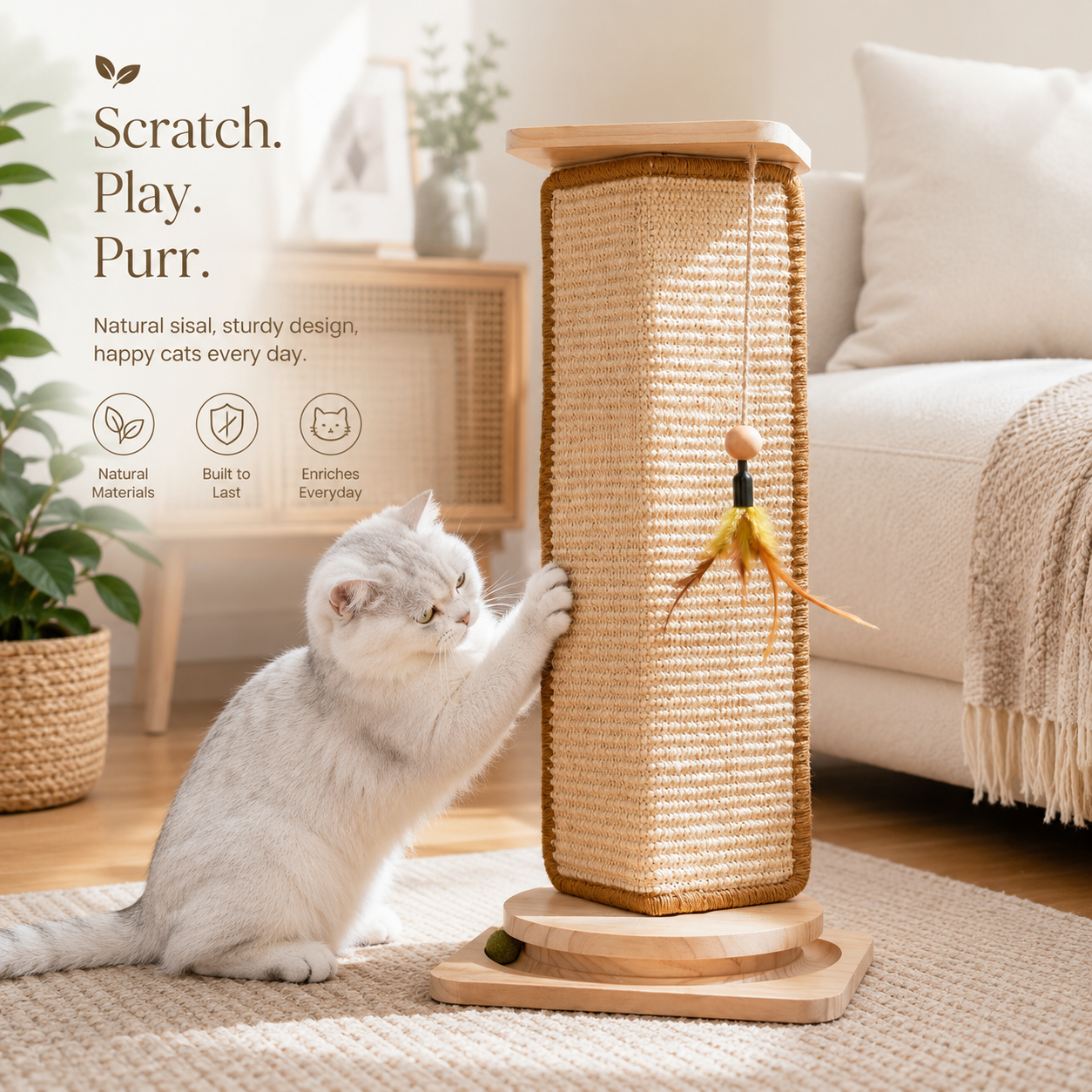 Solid Wood Corner Cat Scratching Post w/ Ball Toy