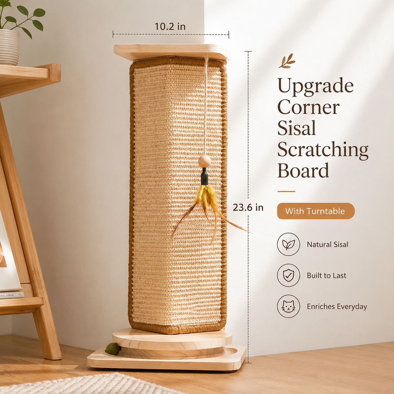 Solid Wood Corner Cat Scratching Post w/ Ball Toy